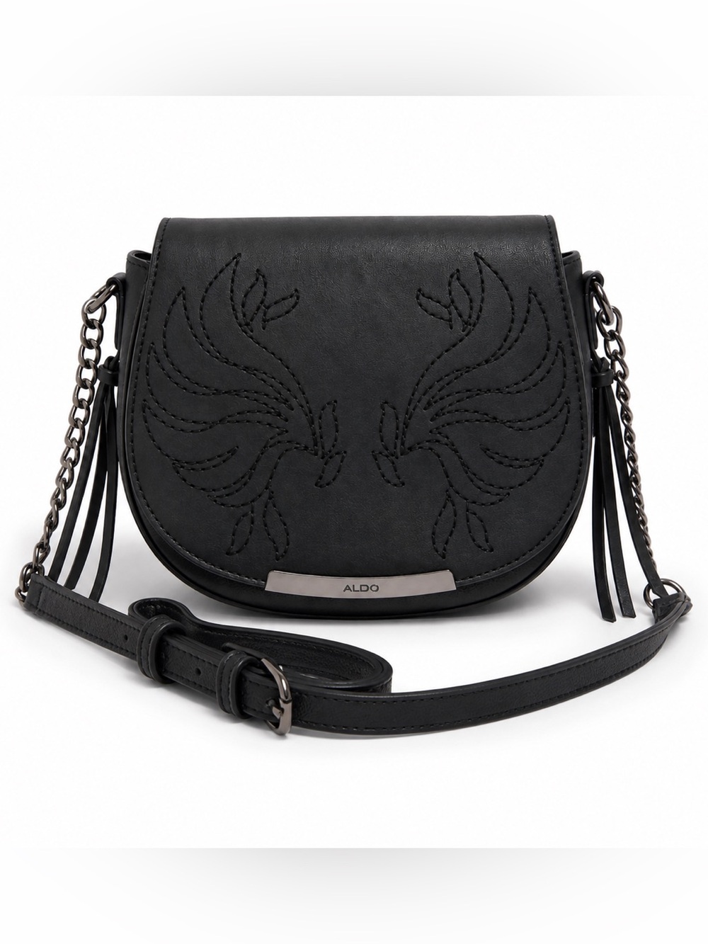 Aldo Black Western Boho Embroidered Saddle Crossbody Bag Tassel Fringe